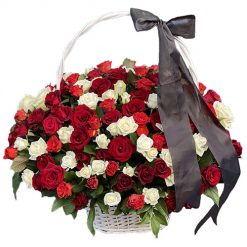 Фото товару 100 червоно-білих троянд у кошику у 
